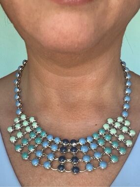 Blue Ombre Enamel Dot Bib Statement Necklace Silver Tone 16-19"